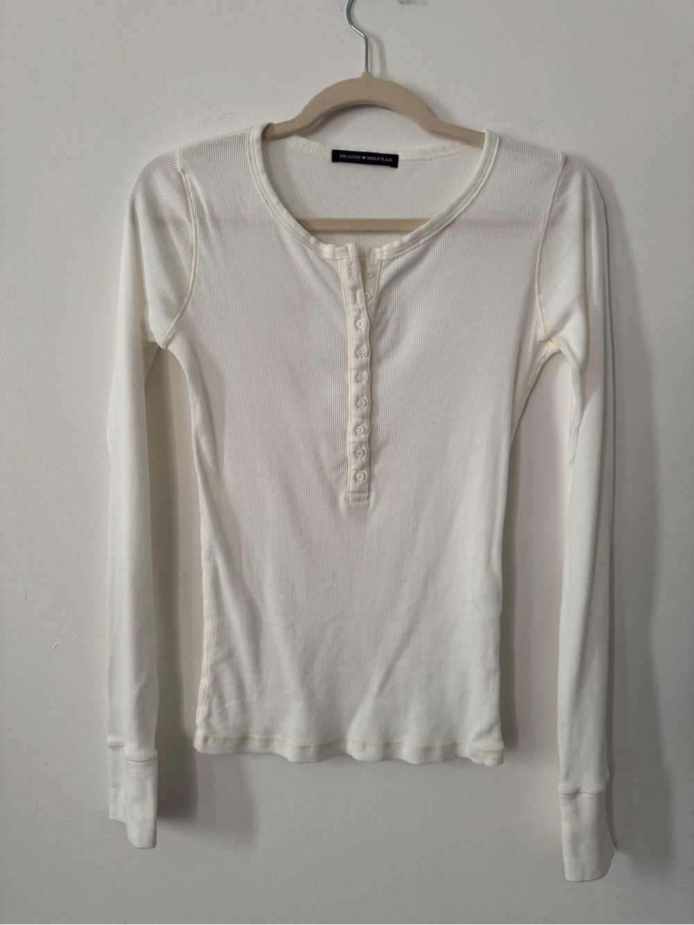 Brandy Melville White Zelly Ribbed Long-Sleeve - Henley Top